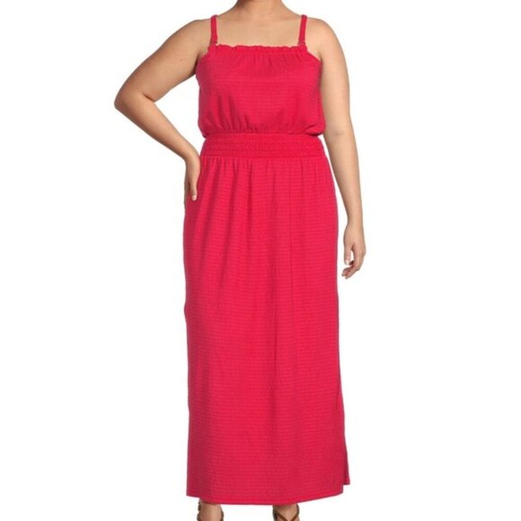 NWT MICHAEL Michael Kors Smocked Square Neck Maxi Dress in Red - Picture 1 of 2